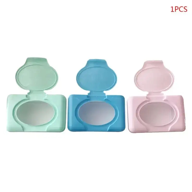 Pastel mint green blue and pink plastic baby wet wipes dispensers set for bathroom organization and easy wet wipes access
