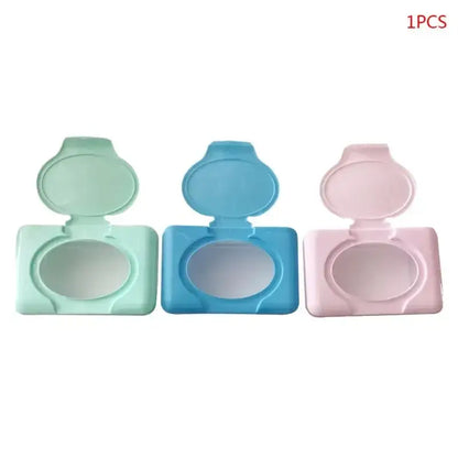 Pastel mint green blue and pink plastic baby wet wipes dispensers set for bathroom organization and easy wet wipes access