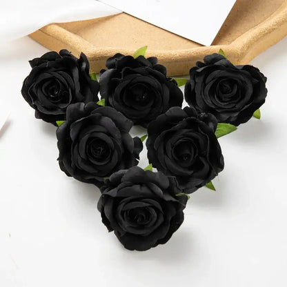 Six artificial black roses with delicate green leaves made from soft fabric in decorbites 100pcs multicolor silk flowers