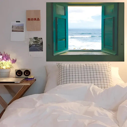 Pastel ocean sunset dreamy window scenery tapestry featuring a teal green wooden shutter with horizontal slats for decorbites dreamy window decor