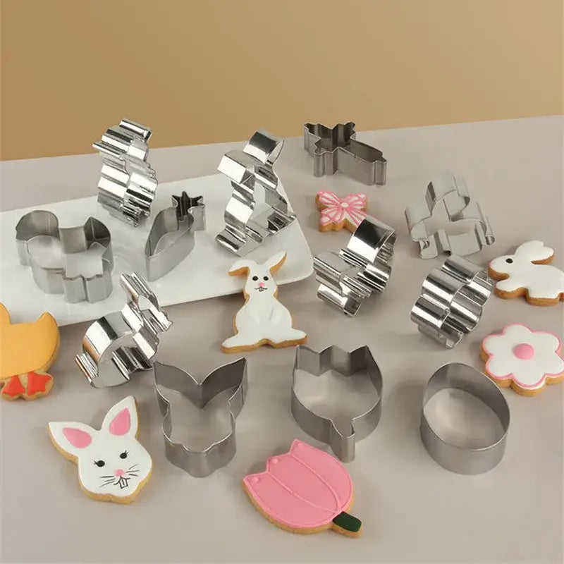 Set of shiny stainless steel easter cookie cutter set in bunny tulip and flower shapes for baking use