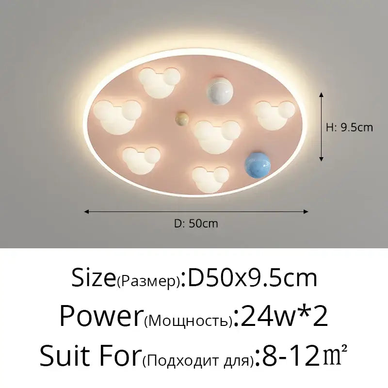 Pastel pink and blue cloud shape ceiling light with white mickey mouse bulbs and spherical accents for decorbites cloud shape decor