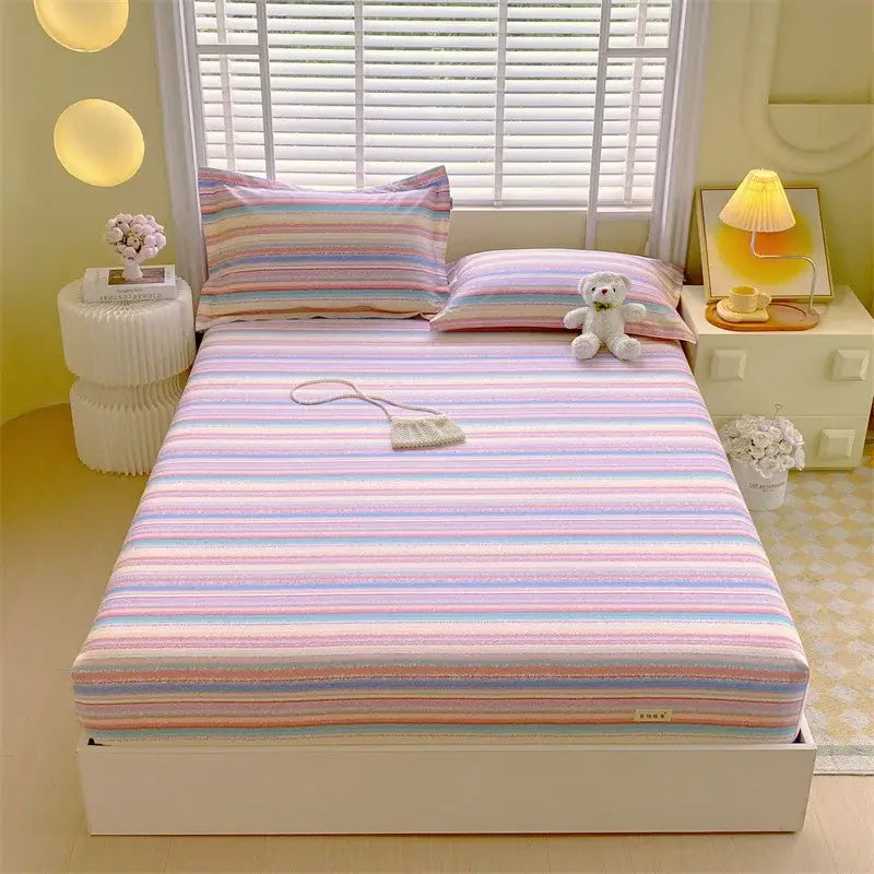 Pastel pink and blue decorbites cotton striped fitted sheet with soft horizontal stripes for bedroom bedding decor