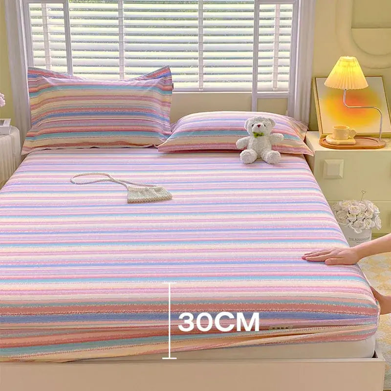 Pastel pink and blue cotton striped fitted sheet with gentle horizontal stripes for decorbites bedroom bedding