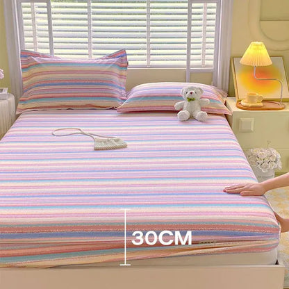 Pastel pink and blue cotton striped fitted sheet with gentle horizontal stripes for decorbites bedroom bedding