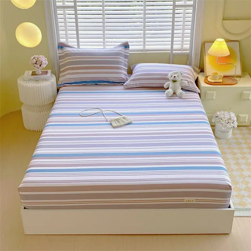 Pastel pink and blue decorbites cotton striped fitted sheet with soft horizontal bands in cotton striped fitted bedding