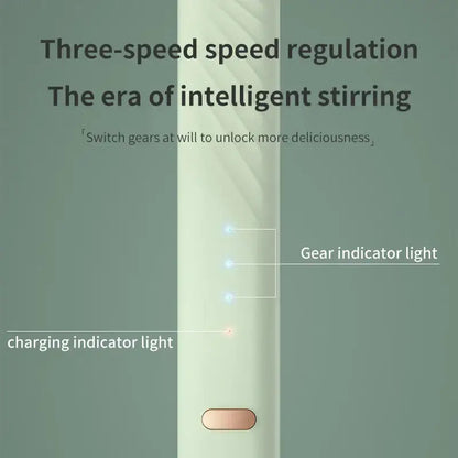 A sleek light green electric milk frother with three speed settings and indicator lights for charging and gear selection