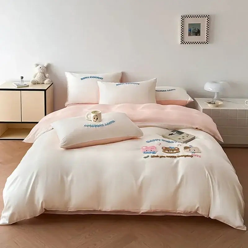 Pastel pink cartoon embroidery cotton bedding set featuring satin duvet cover with bear and bunny decorbites design