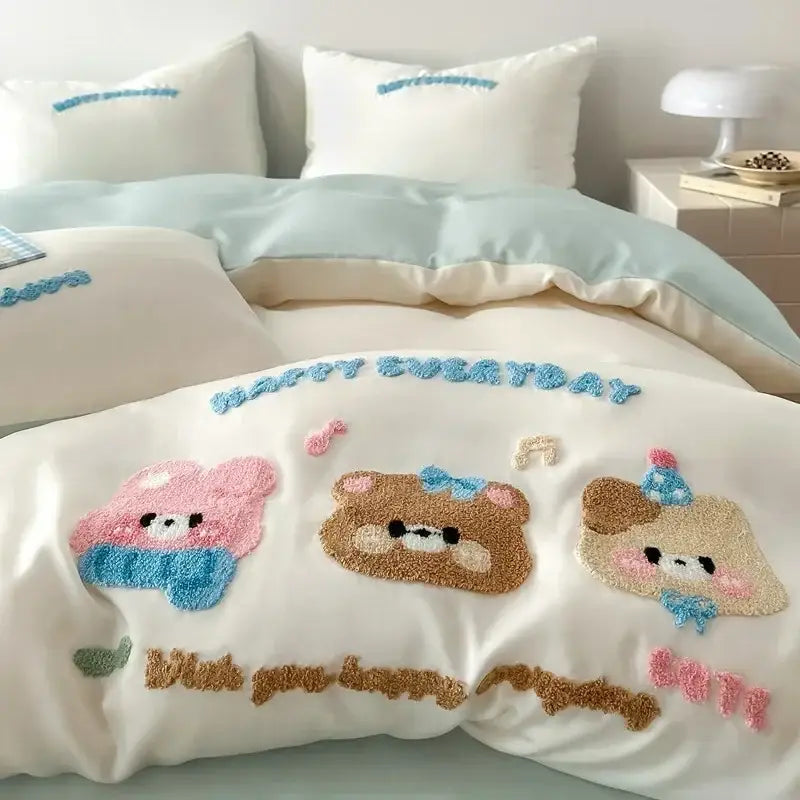 Pastel pink cartoon embroidery cotton bedding set featuring white comforter with colorful decorbites cartoon embroidery bears and merry everyday text
