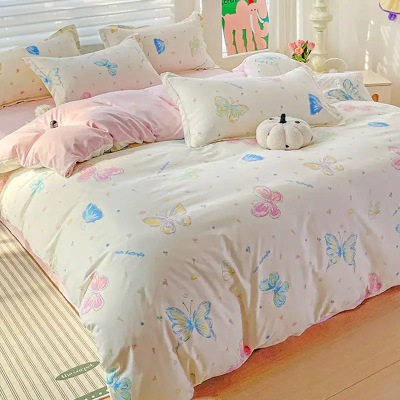 Pastel pink and cream butterfly cozy cotton bedding set with plush white pumpkin accent for bedroom decorbites cozy cotton