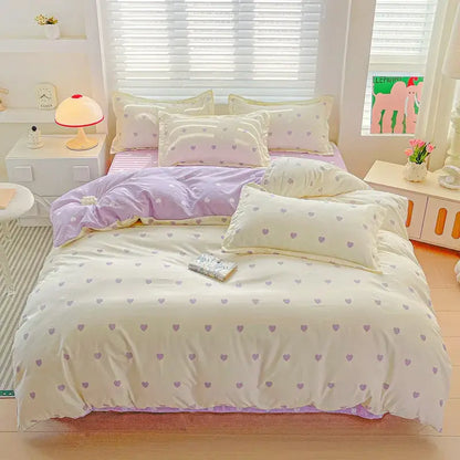 Pastel pink and cream butterfly cozy cotton bedding set with pastel lavender heart pattern and soft cozy texture