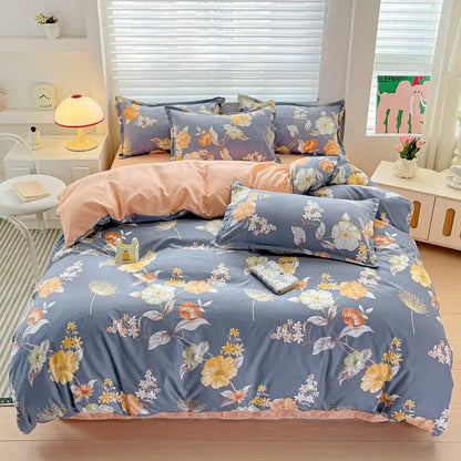 Blue floral bedding set with peach accents and matching pillow sham from decorbites cozy cotton collection