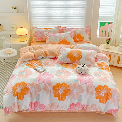 Pastel pink and cream butterfly cozy cotton bedding set with vibrant floral pattern featuring orange and pink blossoms
