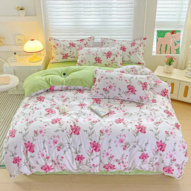 Pastel pink and cream butterfly cozy cotton bedding set with pink floral pattern and green trim for bedroom decorbites cozy cotton