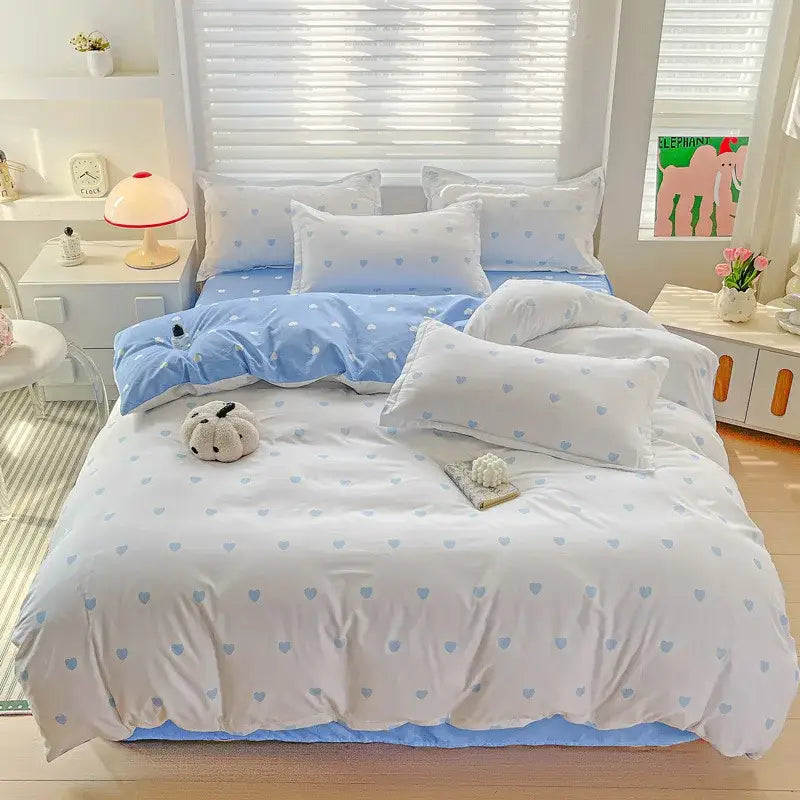 Light blue and white heart-patterned bedding set in soft cotton fabric from decorbites cozy cotton bedding collection