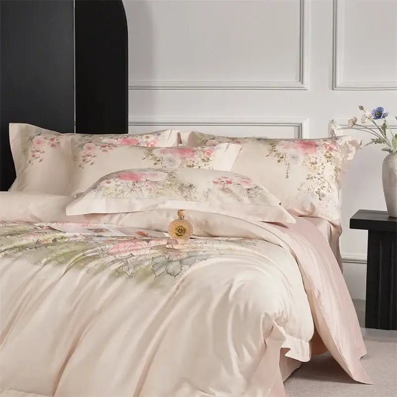 Pastel pink floral egyptian cotton bedding set with a blush pink satin duvet cover and matching embroidered pillowcases
