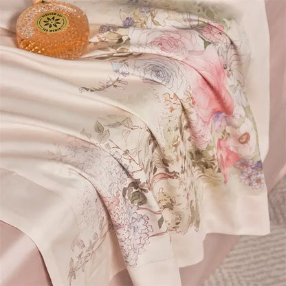 A delicate cream silk scarf with pastel pink floral pattern complements the pastel pink floral egyptian cotton bedding set duvet cover
