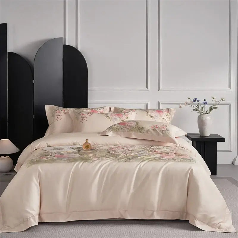 Cream-colored satin egyptian cotton bedding set with pastel pink and green floral embroidery duvet cover