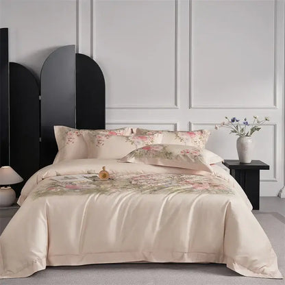 Cream-colored satin egyptian cotton bedding set with pastel pink and green floral embroidery duvet cover