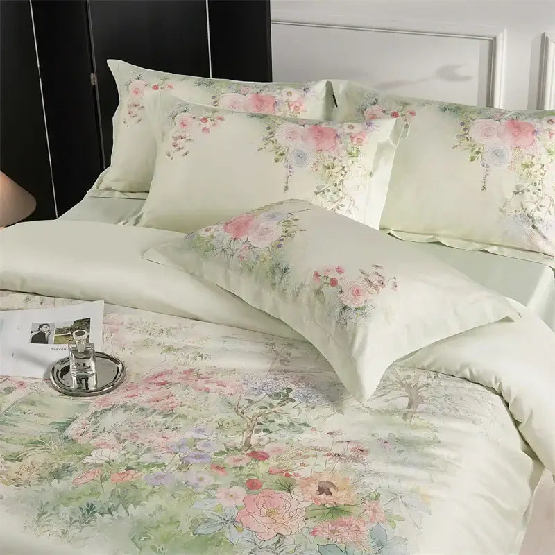 Pastel pink floral egyptian cotton bedding set with delicate watercolor blossoms on smooth satin-like duvet cover