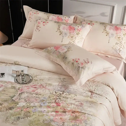 Pastel pink floral egyptian cotton bedding set with delicate rose prints on soft satin-like duvet cover fabric