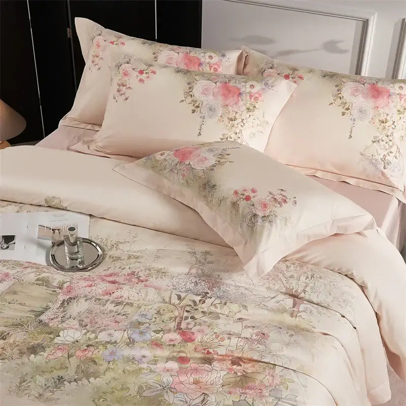 Pastel pink floral egyptian cotton bedding set with delicate rose and botanical prints on satin-like duvet cover