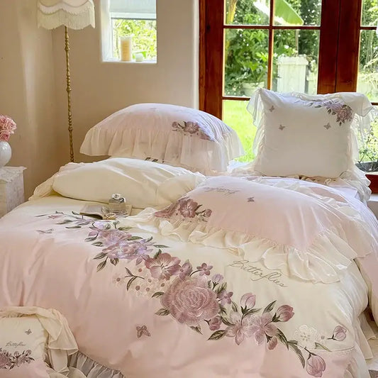 Pastel pink flowers lace ruffles bedding set with embroidered lavender roses for elegant bedroom decorbites decor