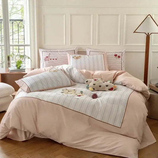 Pastel pink and gray cotton embroidered bedding set with striped duvet cover and animal motifs by decorbites cotton