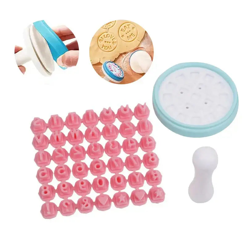 Pastel pink and yellow decorbites cookie stamps set with pink plastic letters and symbols and light blue base