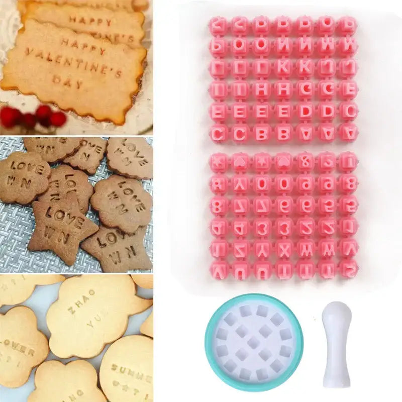 Pastel pink plastic cookie stamps set with letter and symbol molds for decorbites cookie stamping and baking use