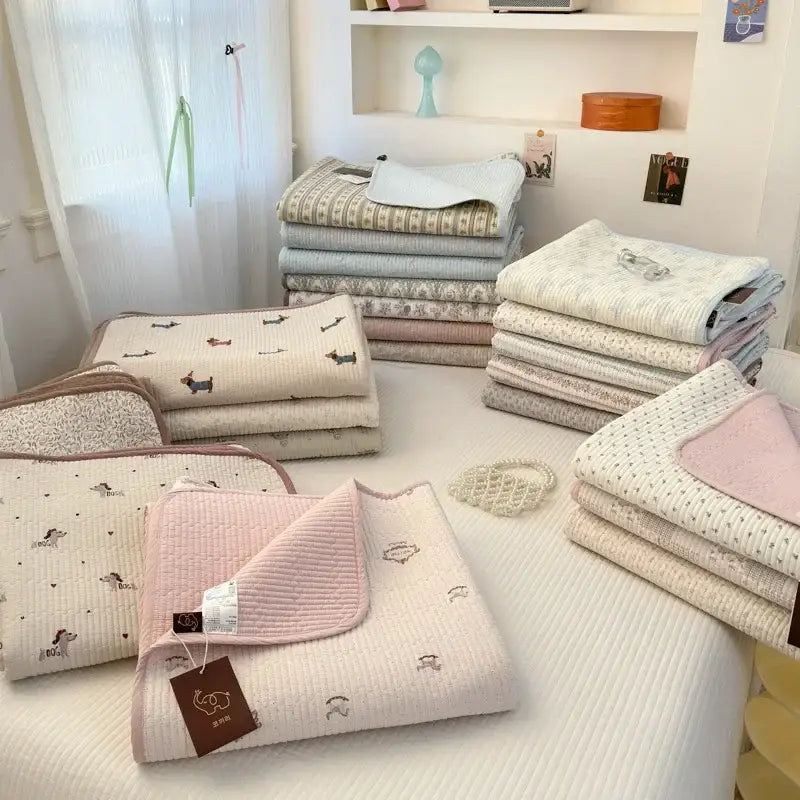 Pink quilted cotton bed cover with embroidered dachshund patterns and soft textured surface for tatami mat use