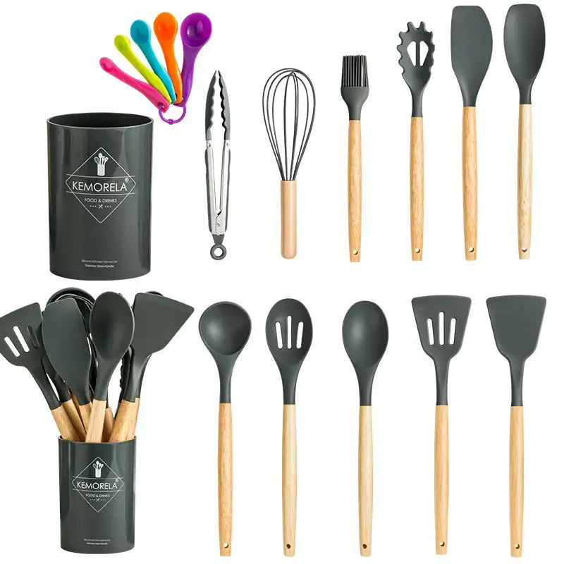 Black silicone kitchen utensils set with wooden handles and matching storage canister for kitchen use