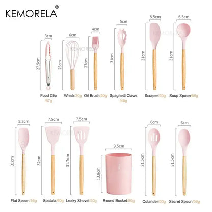 Kemorela pastel silicone kitchen utensils set with wooden handles pink heads including whisk spatula spoon scraper and ceramic cup