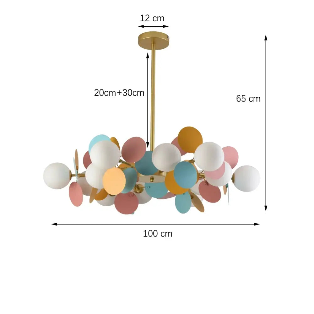 Pastel spherical colorful chandelier pendant lamp with glass orbs and gold-toned metal frame for dining room decorbites