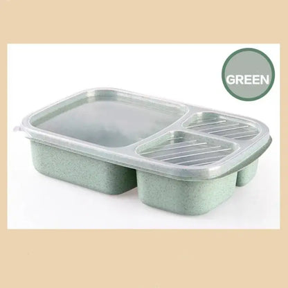 Pastel green speckled wheat straw bento box set with clear lid featuring three compartments and a slotted section