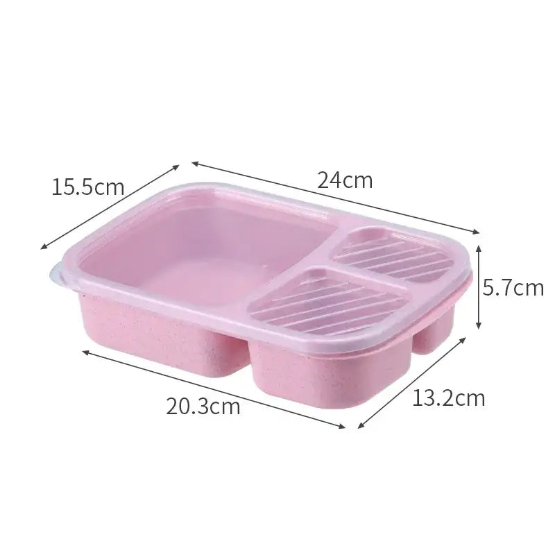 Pink plastic pastel wheat straw bento box set with three compartments for kitchen lunch storage