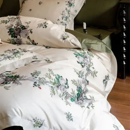 Cream-colored satin bedding set with elegant botanical print in a pastoral olive green and beige 1000tc egyptian cotton set
