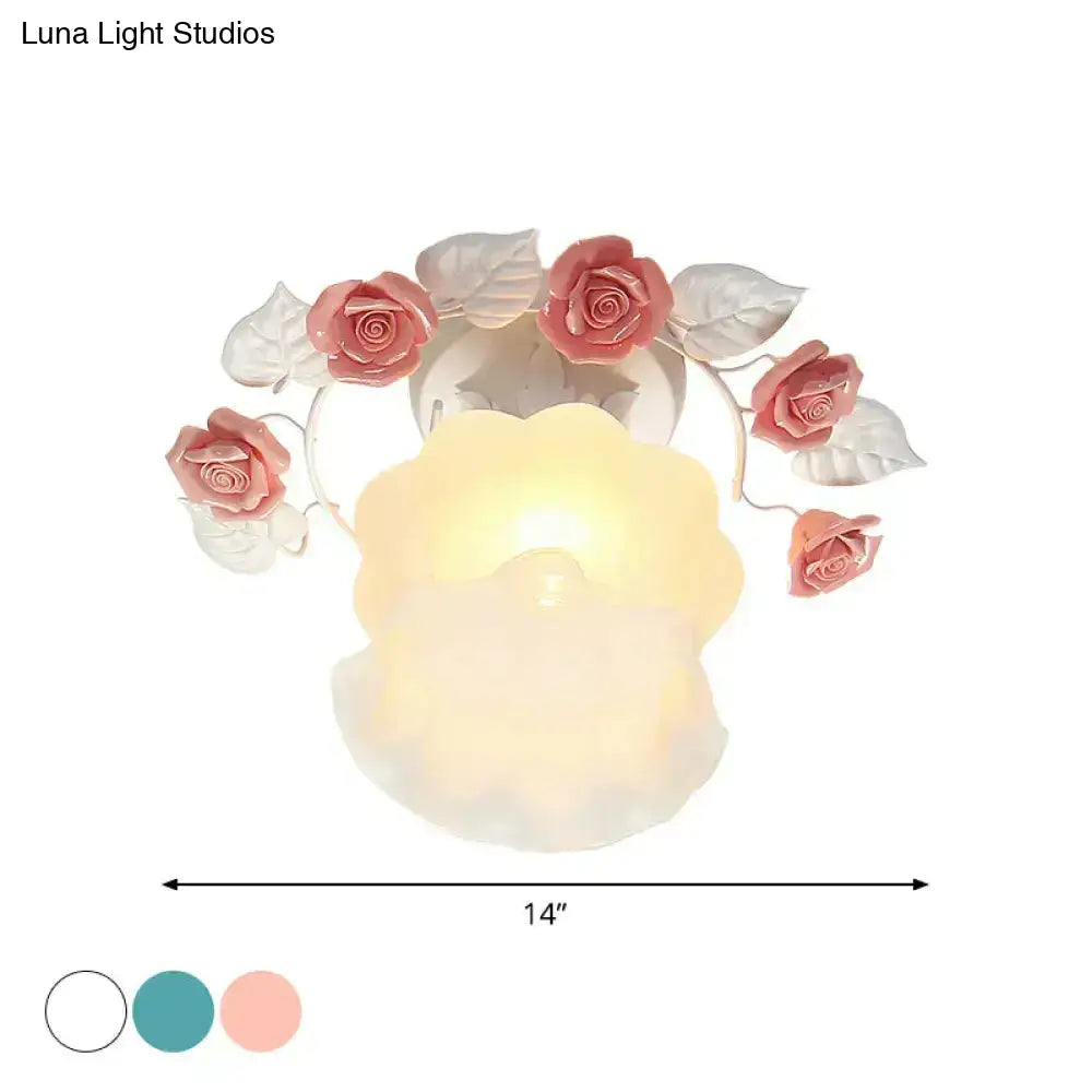 DecorBites pastel style pink white glass semi flush ceiling light with rose blossoms for dining room ceiling