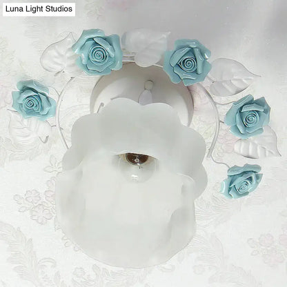 Frosted white glass semi flush ceiling light with five turquoise roses and leaves for dining room ceiling decorbites pink white