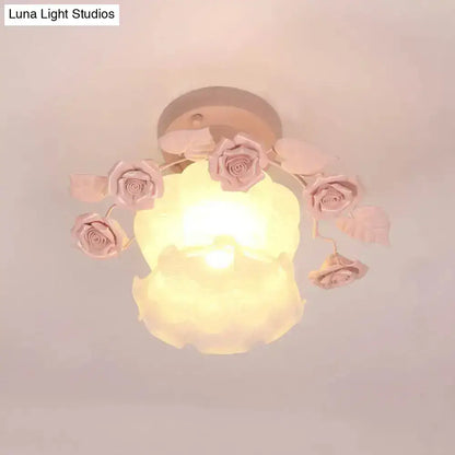 Decorbites pastel style pink white glass semi flush ceiling light with frosted shade for dining room ceiling