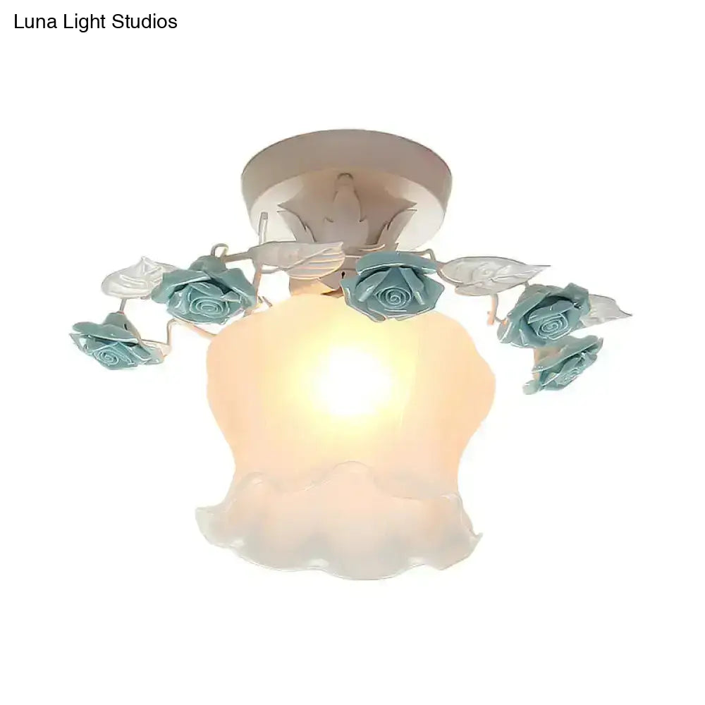 Decorbites pastoral style pink white glass semi flush ceiling light with frosted shade and teal rose accents for dining room ceiling