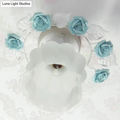 Decorbites pastoral style pink white glass semi flush light with blue rose accents for dining room ceiling