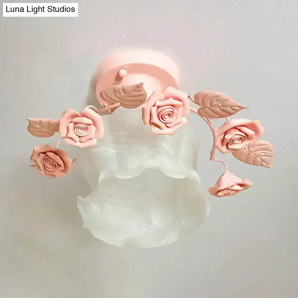 Pastel pink glass semi flush ruffle ceiling light fixture with sculpted petals and leaves for dining room ceiling