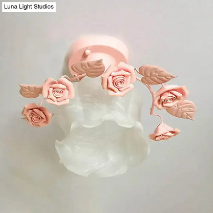 Pastel pink glass semi flush ruffle ceiling light fixture with sculpted petals and leaves for dining room ceiling