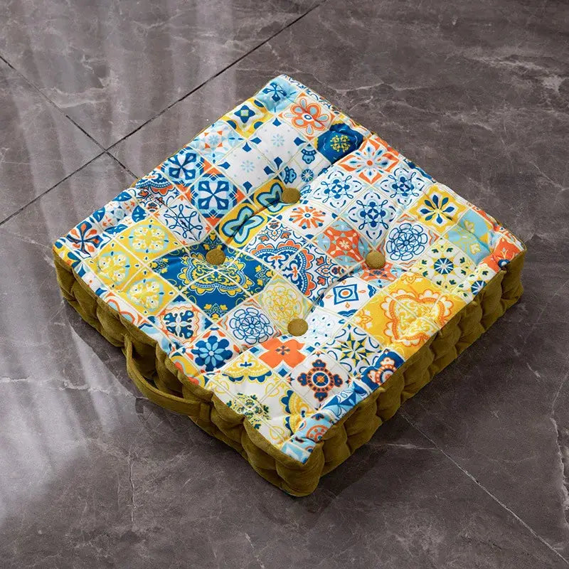 Colorful quilted patchwork bohemian mandala velvet floor cushion with vibrant blue yellow and orange patterns decorbites floor cushion