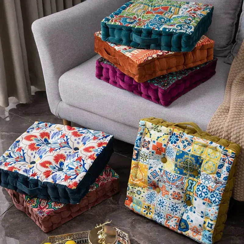 Vibrant patchwork floor cushion with bohemian mandala velvet floral motifs ideal for decorbites reading nook decor