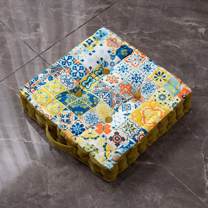 Colorful patchwork bohemian mandala velvet floor cushion with vibrant blue yellow and orange geometric patterns and buttons decorbites