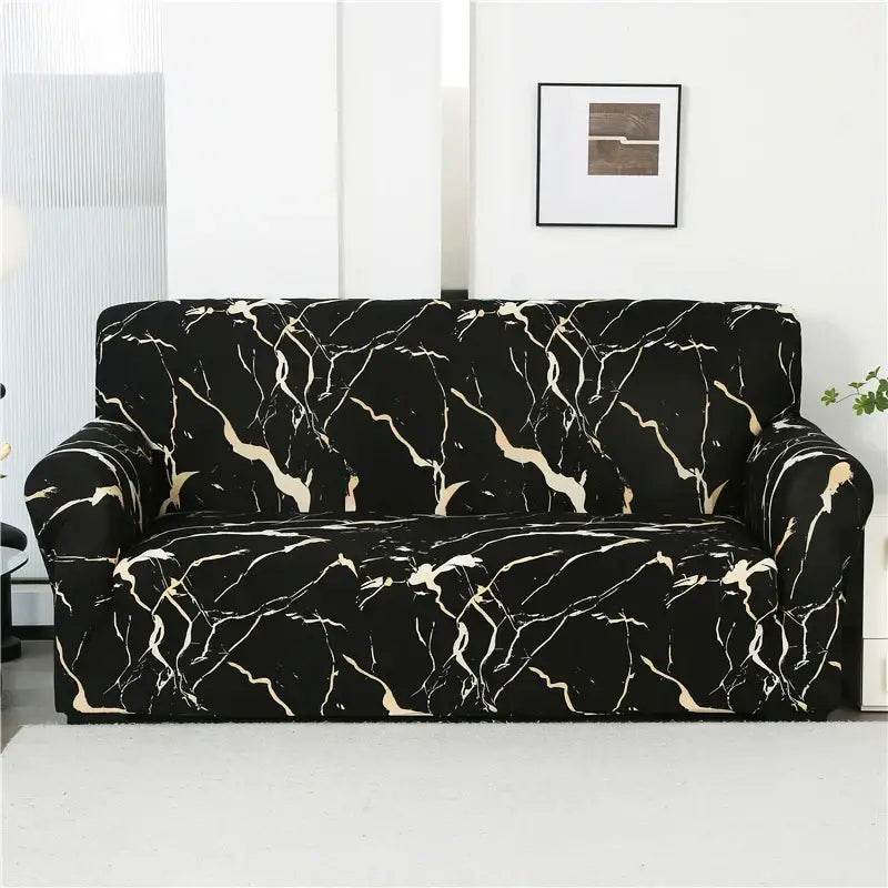 Black and gold marble-patterned patchwork mandala printed stretch sofa cover for living room slipcover use