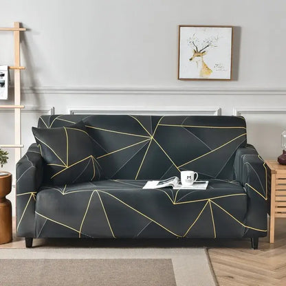 Black sofa cover with geometric thin gold lines stretch fabric patchwork mandala printed slipcover for living room