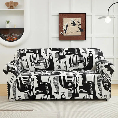 Black and white patchwork mandala printed stretch sofa cover with abstract patterns for living room slipcover use